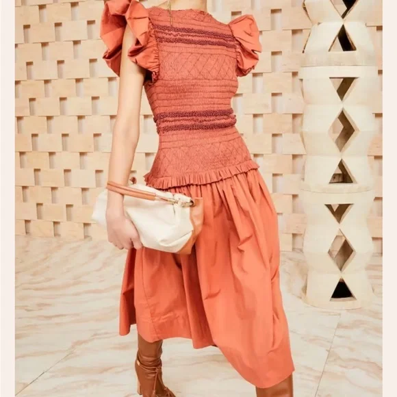 Ulla Johnson Madeline smocked body midi dress NWT size 6 in color clay - Picture 2 of 16